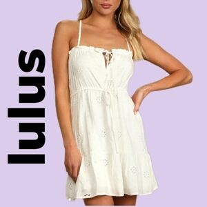 Lulus White Eyelet Embroidered Flowers Spagetti strap Waist tye Mini Dress L-XL